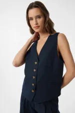 Antioch Navy Blue Linen Blend Women's Tailor Vest