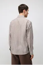 Antioch Kahve Lyocell Karışımlı Relax Fit Çizgili Erkek Gömlek