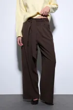 Antioch Kahve Kemerli Pileli Geniş Kadın Pantolon