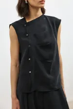 Antioch Siyah Lyocell Karışımlı Düğmeli Kadın Top