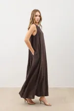 Antioch Dark Brown Draped Halter Neck Midi Dress