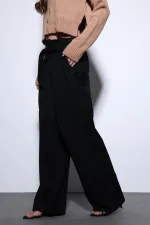 Antioch Siyah Kemerli Pileli Geniş Kadın Pantolon