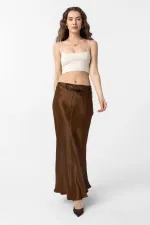 Antioch Coffee Belted Satin Long Women's Skirt