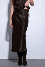 Antioch Koyu Kahve Saten Midi Etek