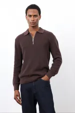 Antioch Kahve Fermuarlı Erkek Triko Kazak