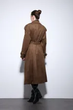 Antioch Kahve Kruvaze Süet Görünümlü Premium Kadın Trençkot