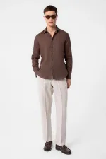 Antioch Kahve 100% Keten Comfort Fit Erkek Gömlek