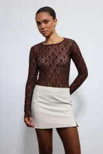 Antioch Kahve Dantel Detaylı Transparan Bluz