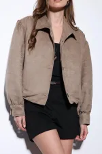 Antioch Bej Süet Görünümlü Bomber Kadın Ceket