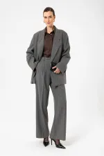 Antioch Gri Kadın Çizgili Oversize Blazer Ceket