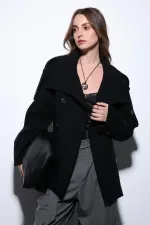 Manteau Antioch noir à col montant et double boutonnage pour femme