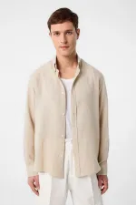 Chemise homme Antioch beige en lin mélangé à col boutonné