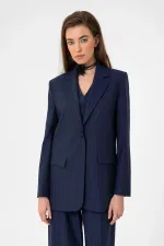 Antioch Lacivert Kadın Tek Düğme Çizgili Blazer Ceket
