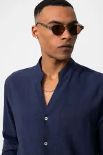 Antioch Navy Blue Mandarin Collar Long-Sleeved Men's Shirt