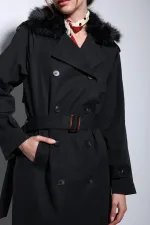 Trench-coat Antioch noir à col en fausse fourrure pour femme