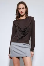 Antioch Coffee Draped Shawl Detailed Top