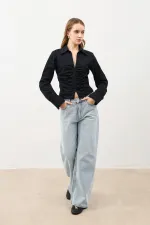 Chemise Antioch noire froncée en popeline pour femme