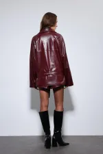 Antioch Bordo Suni Deri Kemerli Trençkot