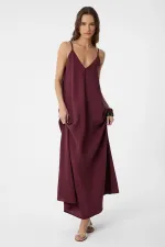 Antioch Bordo Askılı Modal Uzun Kadın Elbise