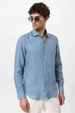 Antioch Bebe Blue Collar Button Detail 100% Linen Men's Shirt