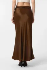 Antioch Coffee Belted Satin Long Women's Skirt