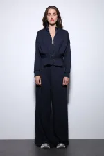 Antioch Lacivert Bel Kemerli Geniş Paça Pantolonlu Takım