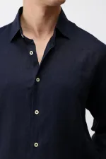 Antioch Lacivert 100% Keten Relax Fit Erkek Gömlek