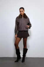 Veste Antioch Coffee en laine mélangée à col en fausse fourrure