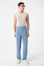 Antioch Light Blue High-Waisted Pleated Linen Blend Men's Trousers