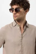 Antioch Bej Yaka Düğme Detaylı %100 Keten Erkek Gömlek