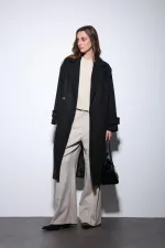 Antioch Siyah Kadın Yumuşak Dokulu Oversize Kruvaze Kaban