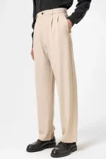 Pantalon homme Antioch beige à taille haute plissée et coupe décontractée