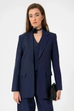 Antioch Lacivert Kadın Tek Düğme Çizgili Blazer Ceket