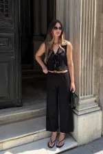 Antioch Black Textured Women's Suit with Tie Detail