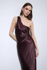 Antioch Bordo Asimetrik Yaka Saten Uzun Elbise