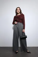 Antioch Gri Çizgili Geniş Paça Pantolon