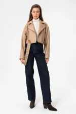 Antioch Bej Kadın Suni Deri Crop Biker Ceket