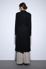 Antioch Siyah Kemerli Kruvaze Kadın Kaban