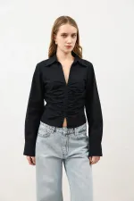 Chemise Antioch noire froncée en popeline pour femme