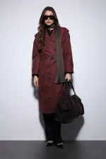Trench-coat Antioch bordeaux à double boutonnage et ceinture pour femme