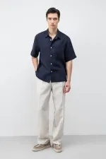 Chemise homme Antioch bleu marine 100 % lin coupe décontractée