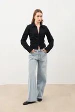 Chemise Antioch noire froncée en popeline pour femme