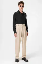 Pantalon homme Antioch beige à taille haute plissée et coupe décontractée