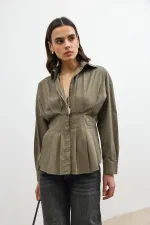 Antioch Haki Pilili Poplin Kadın Gömlek