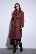 Trench-coat Antioch bordeaux à double boutonnage et ceinture pour femme