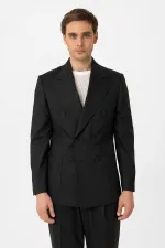 Costume technique rayé Antioch noir à double boutonnage, coupe italienne, en laine mélangée.