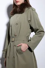 Antioch Haki Suni Kürklü Yaka Kadın Trençkot