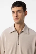 Antioch Bej Relax Fit Fermuarlı Polo Yaka Erkek T-Shirt