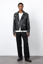 Antioch Siyah 100% Deri Biker Ceket