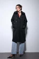 Trench-coat Antioch noir à col en fausse fourrure pour femme